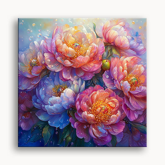 A vibrant arrangement of peonies in various shades of pink, coral, and lavender with glistening droplets of water, set against a soft, dreamy background of blended pastel colors.
