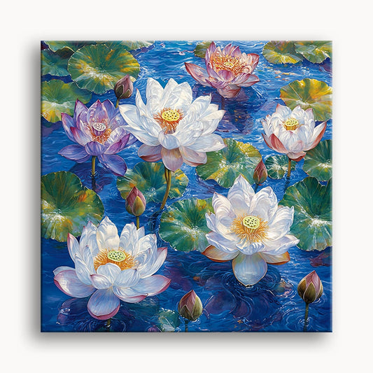 Colorful water lilies with white and purple petals and green leaves floating on a vibrant blue water surface.
