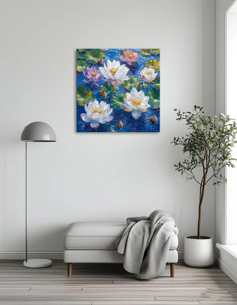 Colorful water lilies with white and purple petals and green leaves floating on a vibrant blue water surface.