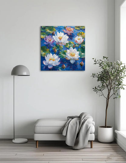 Colorful water lilies with white and purple petals and green leaves floating on a vibrant blue water surface.