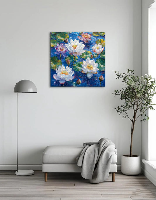 Colorful water lilies with white and purple petals and green leaves floating on a vibrant blue water surface.