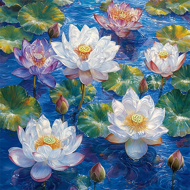 Colorful water lilies with white and purple petals and green leaves floating on a vibrant blue water surface.