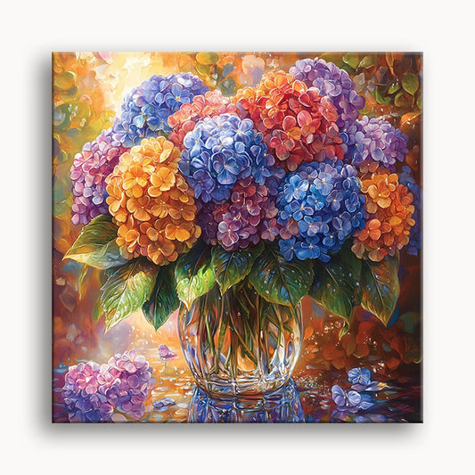 This is a colorful oil painting of a bouquet of blooming hydrangeas in a crystal vase. The hydrangeas are rich in color, including blue, purple, orange and red, and the petals are full and lifelike.