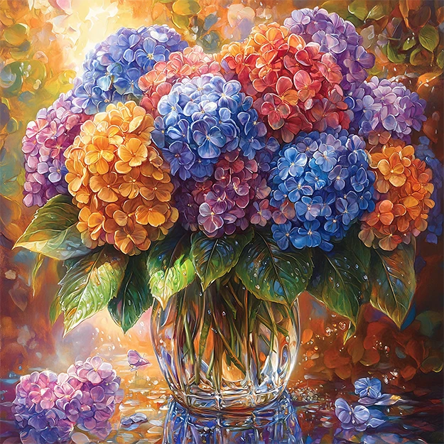 This is a colorful oil painting of a bouquet of blooming hydrangeas in a crystal vase. The hydrangeas are rich in color, including blue, purple, orange and red, and the petals are full and lifelike.