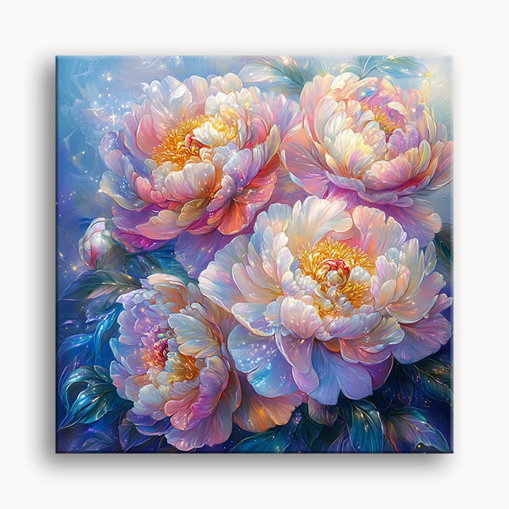 This painting depicts four peonies in full bloom, with soft, dreamy colors and a glittering particle effect that creates a surreal atmosphere. The peony petals are layered, showing their graceful posture.