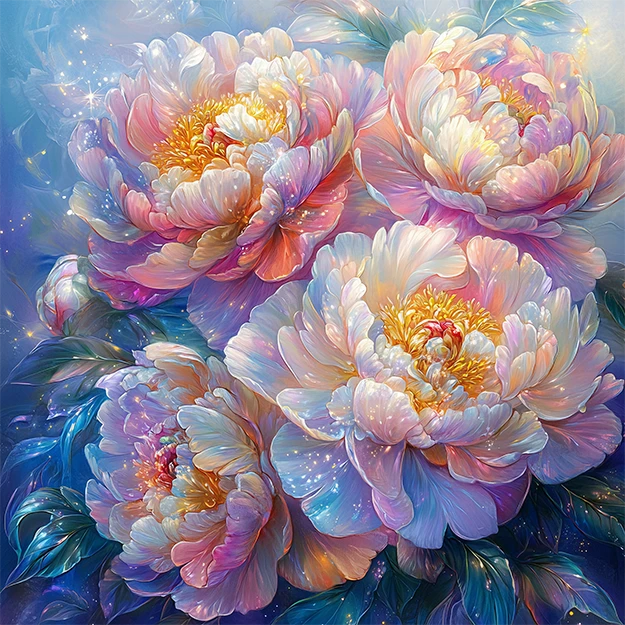 This painting depicts four peonies in full bloom, with soft, dreamy colors and a glittering particle effect that creates a surreal atmosphere. The peony petals are layered, showing their graceful posture.