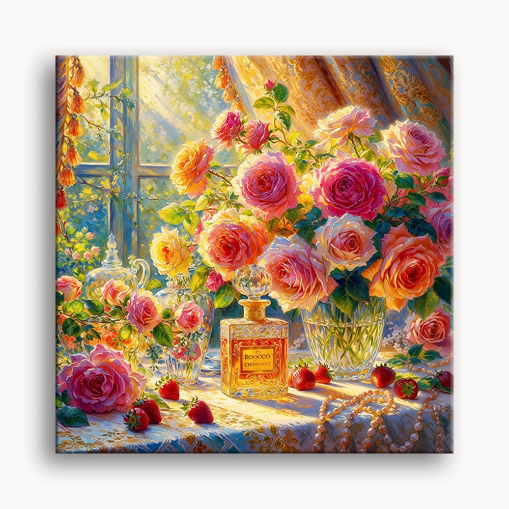 This is a colorful oil painting of a bouquet of blooming hydrangeas in a crystal vase. The hydrangeas are rich in color, including blue, purple, orange and red, and the petals are full and lifelike.