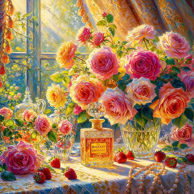 This is a colorful oil painting of a bouquet of blooming hydrangeas in a crystal vase. The hydrangeas are rich in color, including blue, purple, orange and red, and the petals are full and lifelike.