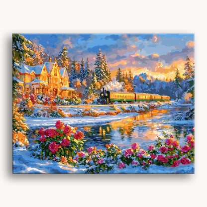 A painting depicting a train traveling through a snowy landscape, with snowflakes gently falling around it.