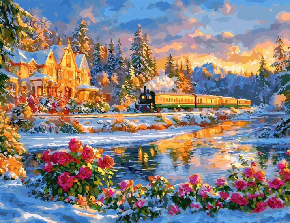 A painting depicting a train traveling through a snowy landscape, with snowflakes gently falling around it.