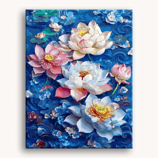 An artistic painting featuring lotus flowers set against a tranquil blue background.