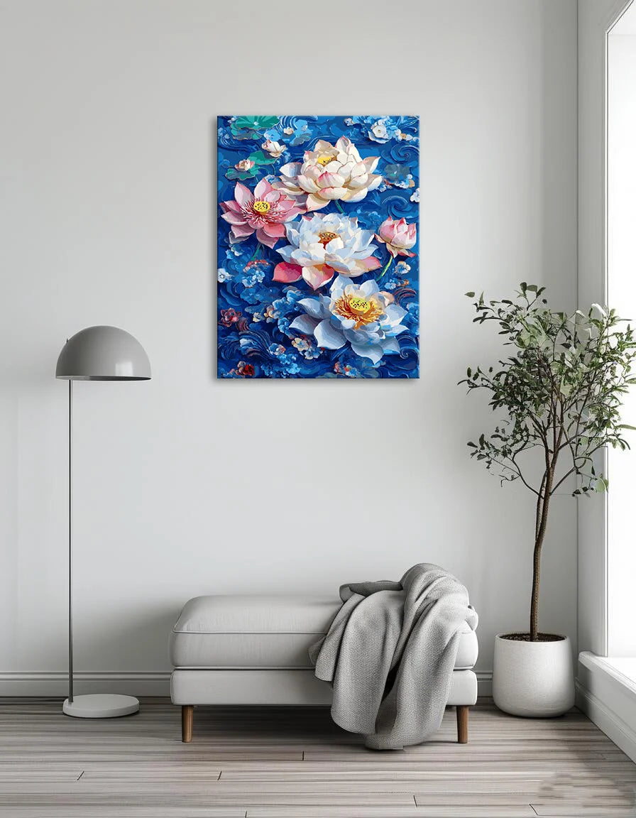 An artistic painting featuring lotus flowers set against a tranquil blue background.