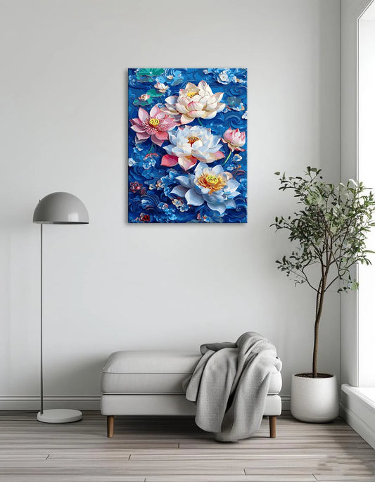 An artistic painting featuring lotus flowers set against a tranquil blue background.