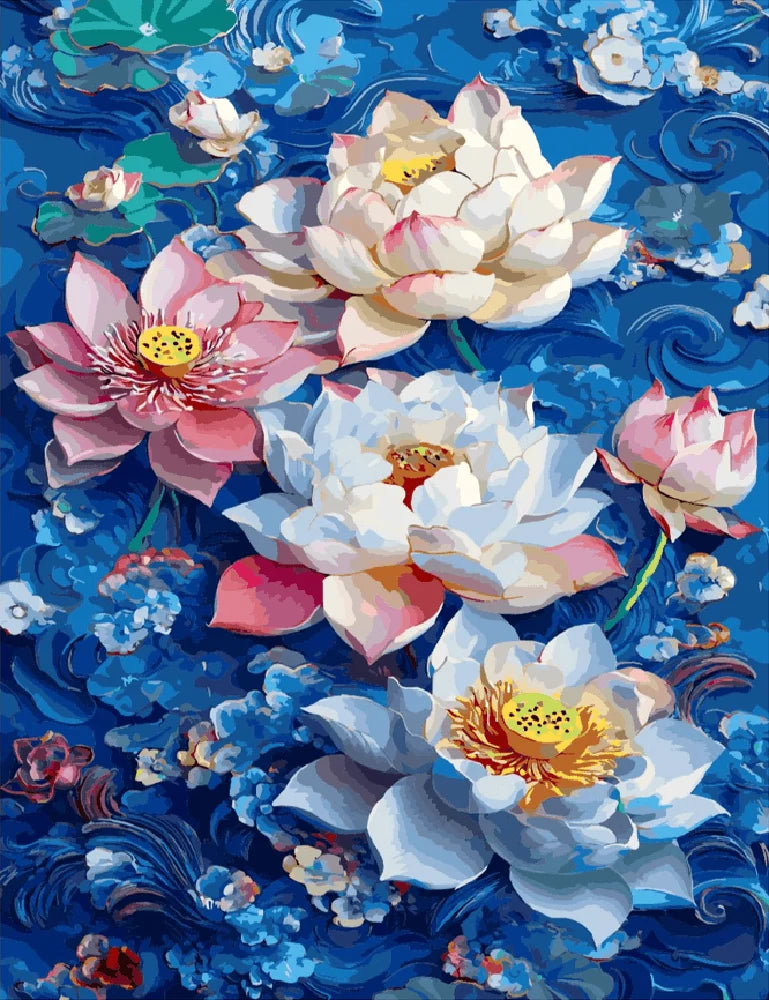 An artistic painting featuring lotus flowers set against a tranquil blue background.