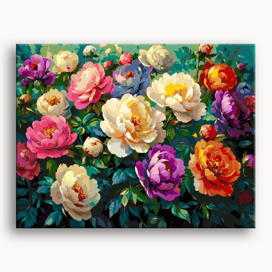 A lively artwork featuring bright flowers blooming on a green backdrop.