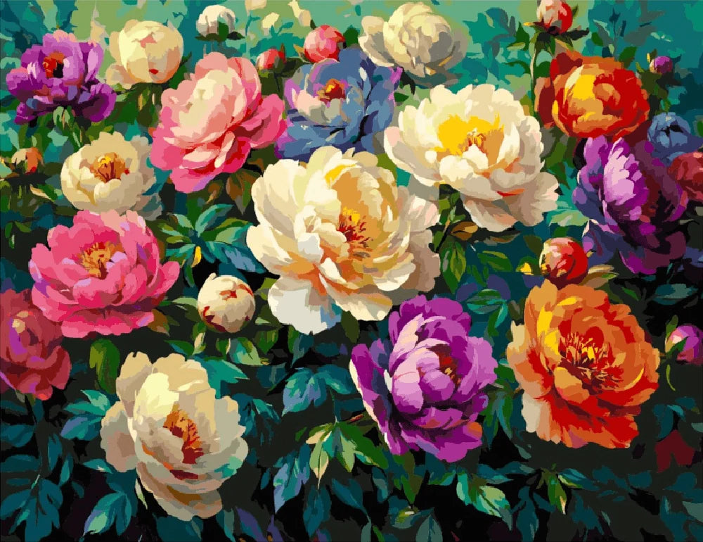 A lively artwork featuring bright flowers blooming on a green backdrop.