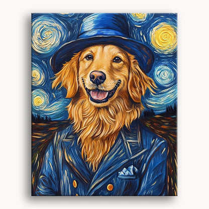 A painting of a golden retriever dressed in a suit and hat, exuding a charming and sophisticated demeanor.
