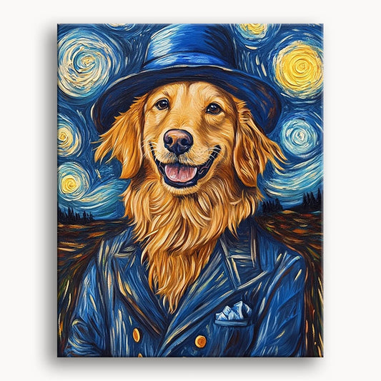 A painting of a golden retriever dressed in a suit and hat, exuding a charming and sophisticated demeanor.