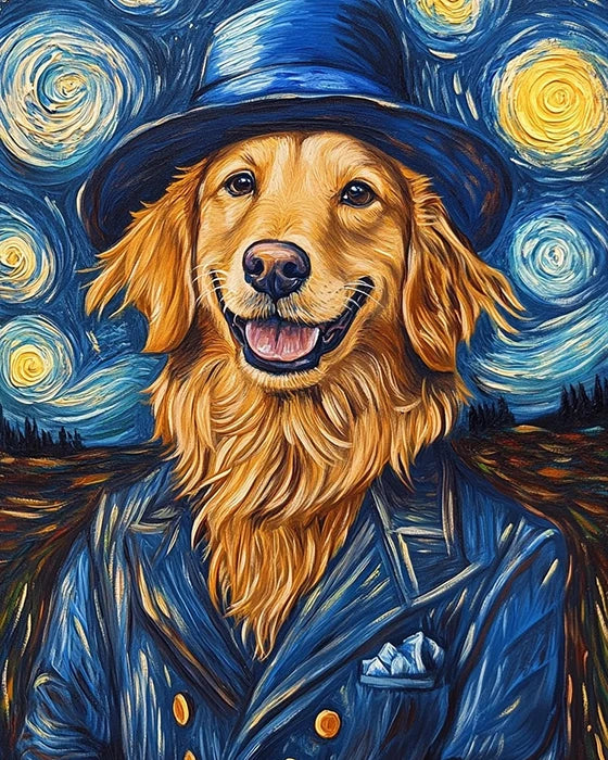 A painting of a golden retriever dressed in a suit and hat, exuding a charming and sophisticated demeanor.
