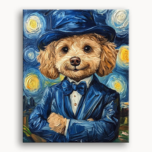 A whimsical painting of a dog dressed in a formal suit and tie, exuding charm and personality.