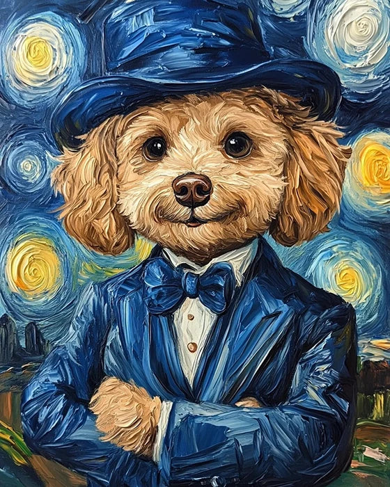 A whimsical painting of a dog dressed in a formal suit and tie, exuding charm and personality.