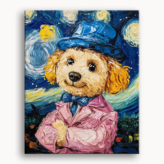 A whimsical painting of a dog dressed in a top hat and pink suit, exuding charm and elegance.