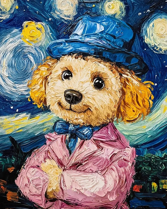 A whimsical painting of a dog dressed in a top hat and pink suit, exuding charm and elegance.