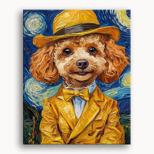 A painting of a poodle dressed in a yellow suit and hat, showcasing a whimsical and stylish canine character.