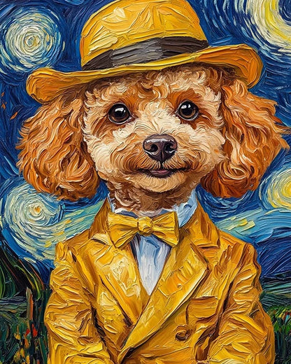 A painting of a poodle dressed in a yellow suit and hat, showcasing a whimsical and stylish canine character.