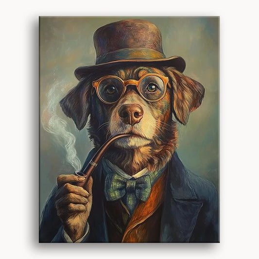 A whimsical painting of a dog adorned with a top hat and glasses, exuding charm and personality.
