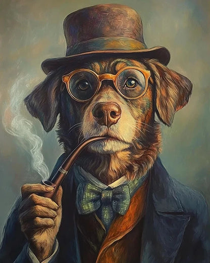 A whimsical painting of a dog adorned with a top hat and glasses, exuding charm and personality.
