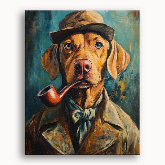 A whimsical painting of a dog wearing a hat and holding a pipe, showcasing a playful and charming character.