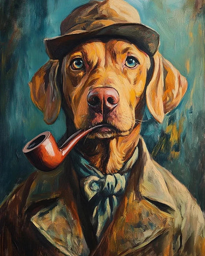 A whimsical painting of a dog wearing a hat and holding a pipe, showcasing a playful and charming character.