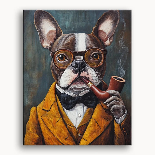A whimsical painting of a dog wearing glasses and a bow tie, showcasing its playful and charming personality.
