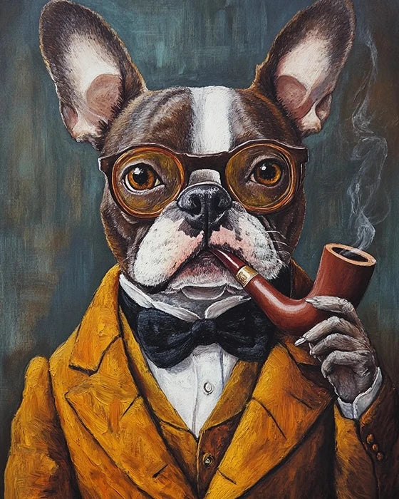 A whimsical painting of a dog wearing glasses and a bow tie, showcasing its playful and charming personality.
