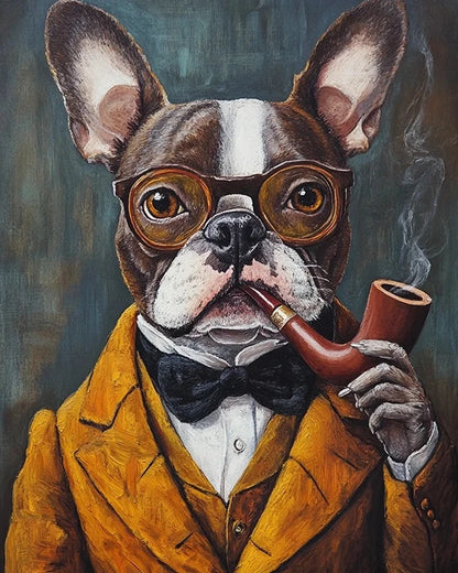 A whimsical painting of a dog wearing glasses and a bow tie, showcasing its playful and charming personality.