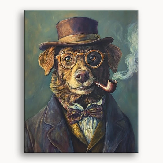 A whimsical painting of a dog adorned with a top hat and glasses, exuding charm and personality.
