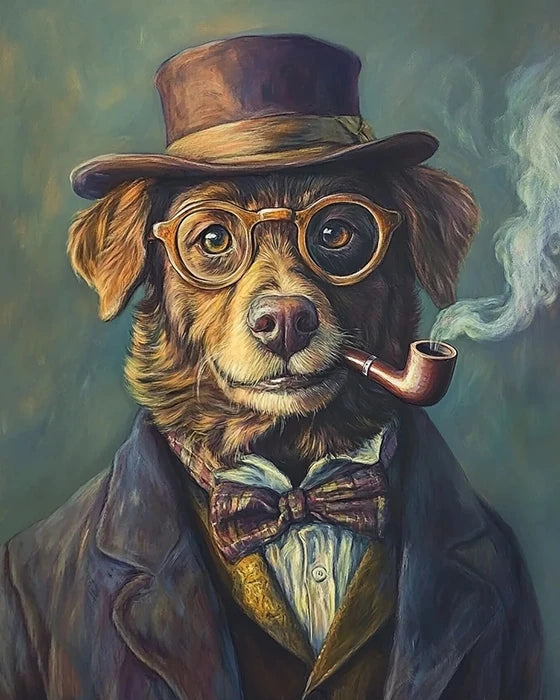 A whimsical painting of a dog adorned with a top hat and glasses, exuding charm and personality.