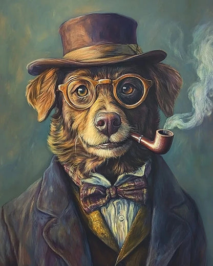 A whimsical painting of a dog adorned with a top hat and glasses, exuding charm and personality.
