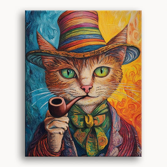 A whimsical painting of a cat in a hat, elegantly holding a pipe, showcasing a playful and charming character.