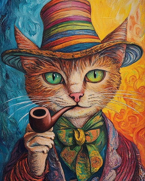 A whimsical painting of a cat in a hat, elegantly holding a pipe, showcasing a playful and charming character.