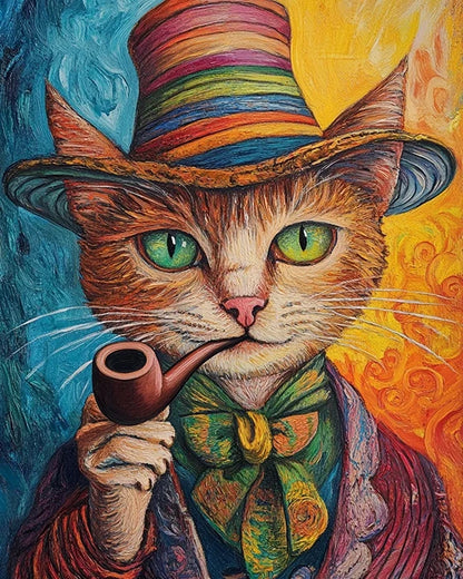A whimsical painting of a cat in a hat, elegantly holding a pipe, showcasing a playful and charming character.