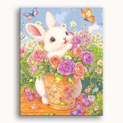 A whimsical painting featuring a bunny nestled among bright flowers and playful butterflies in a sunny outdoor setting.