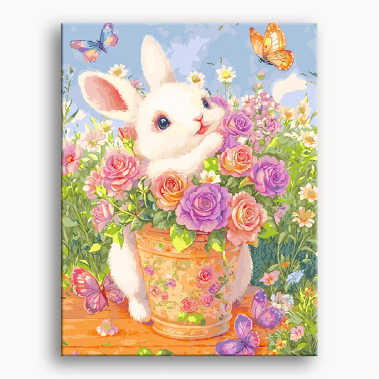A whimsical painting featuring a bunny nestled among bright flowers and playful butterflies in a sunny outdoor setting.