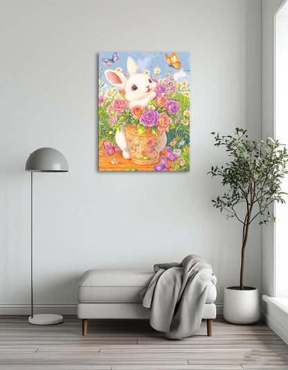 A whimsical painting featuring a bunny nestled among bright flowers and playful butterflies in a sunny outdoor setting.