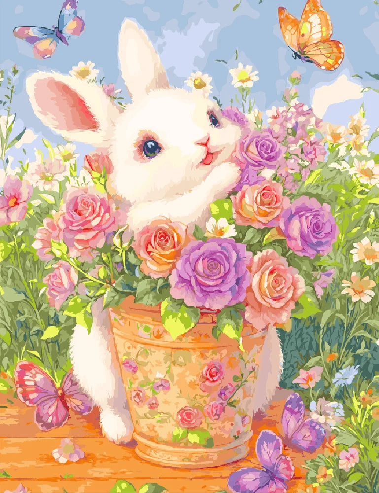 A whimsical painting featuring a bunny nestled among bright flowers and playful butterflies in a sunny outdoor setting.