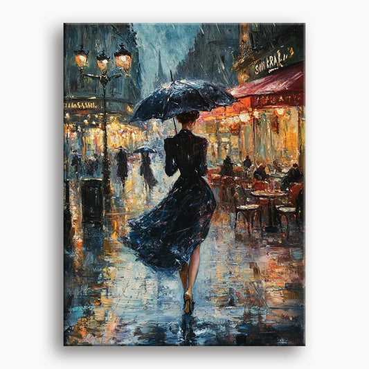 A colorful painting shows a woman walking in the rain, gracefully holding an umbrella amidst a gentle downpour.