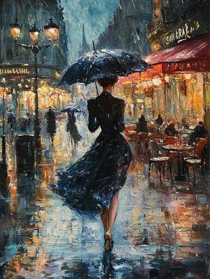 A colorful painting shows a woman walking in the rain, gracefully holding an umbrella amidst a gentle downpour.