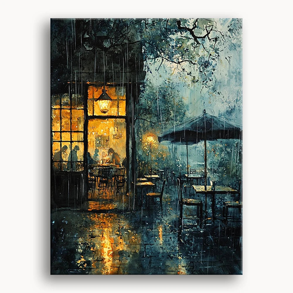 A vibrant painting of a cafe under rain, showcasing people enjoying coffee while raindrops create a serene ambiance.
