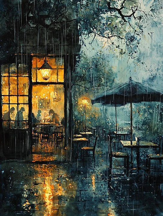 A vibrant painting of a cafe under rain, showcasing people enjoying coffee while raindrops create a serene ambiance.